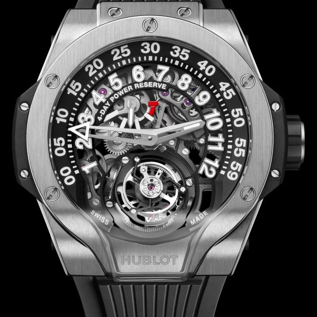 Hublot's new MP-13 Tourbillon Bi-Axis Retrograde that we saw in Geneva last month is the first timepiece from the brand that has a bi-retrograde movement for both hours and minutes. To be produced as a very limited edition, just 50 pieces, the watch is crafted entirely in titanium with a black rubber strap.

@hublot
#hublot
#tourbillon 
#swissmade 
#mechanicalwatch 
#luxurywatch